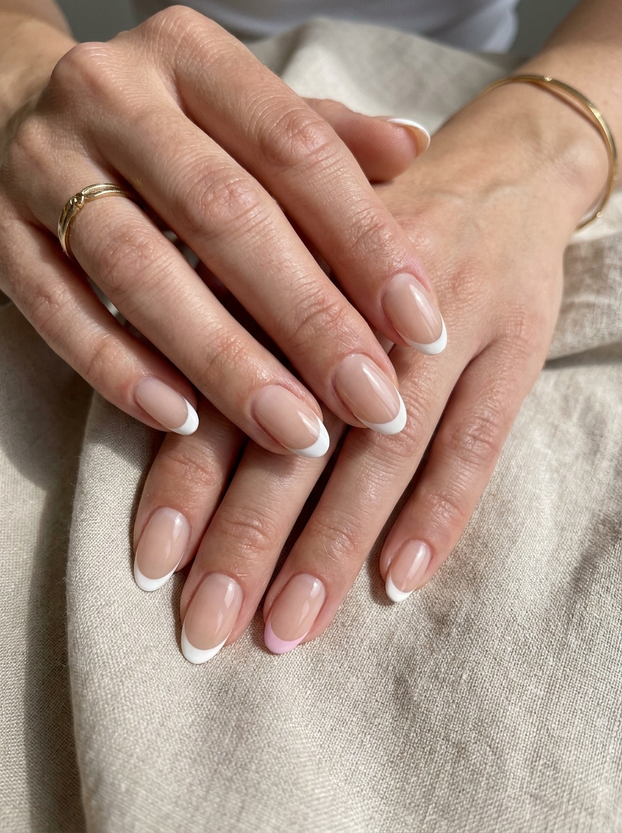 Nude and White Accent Color French mit weißen Spitzen und farbigem Akzent